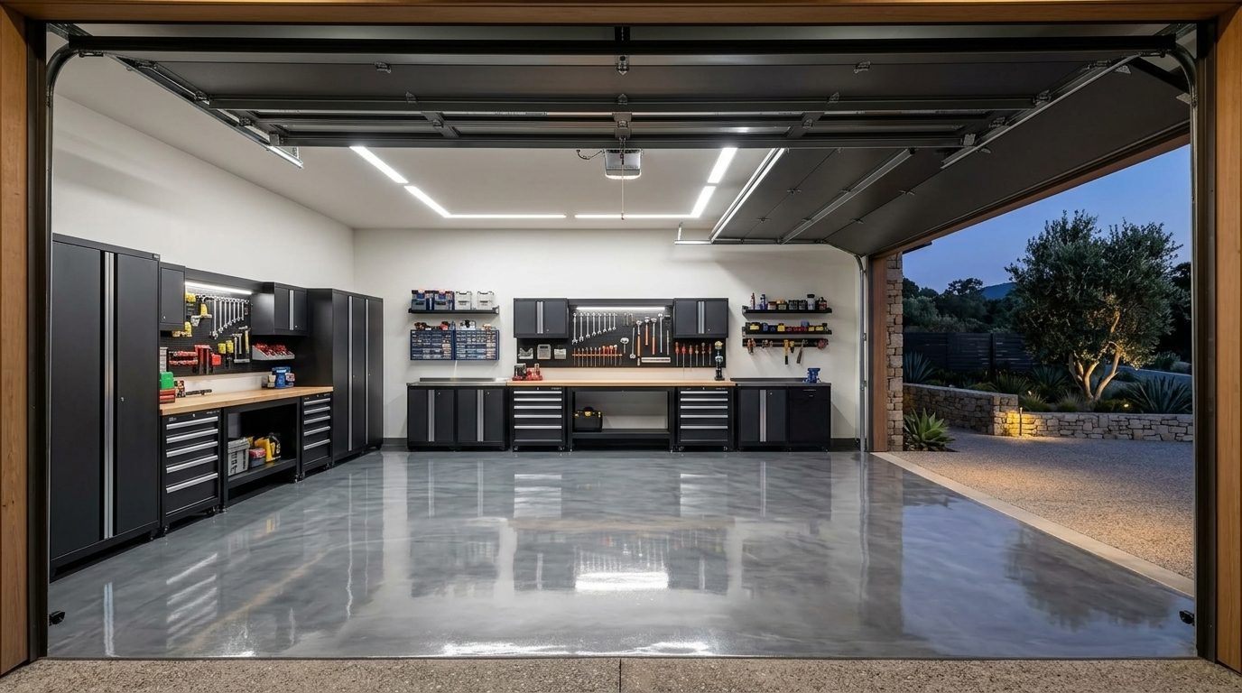 Ellis Garage Door Services Interior View of Custom Garage Door Overhead and Workshop